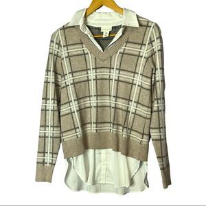 Adrienne Vittadini Plaid Sweater Tan women's size XS